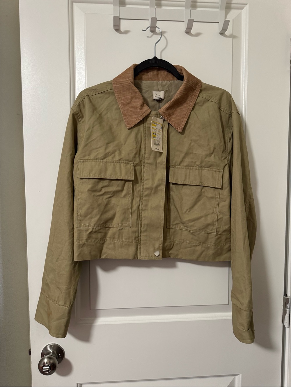 a new day Olive Crop Utility Jacket with Brown Corduroy Collar